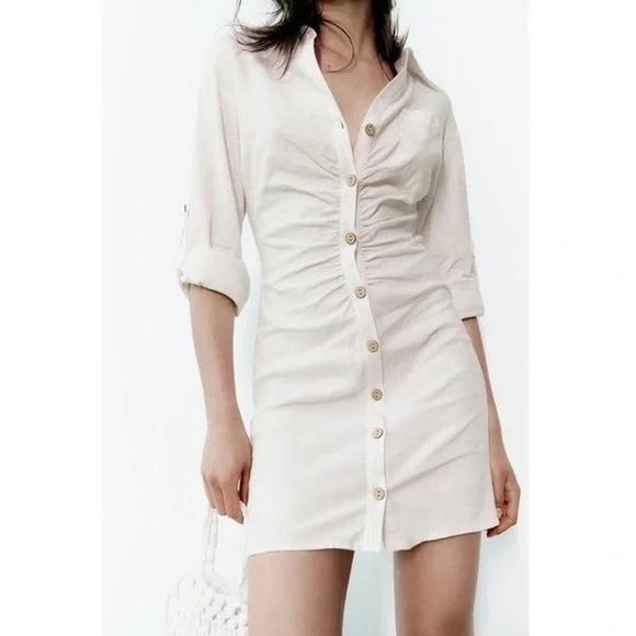 Zara Linen Blend Button Down Shirt Dresss in off white size medium - Picture 3 of 14